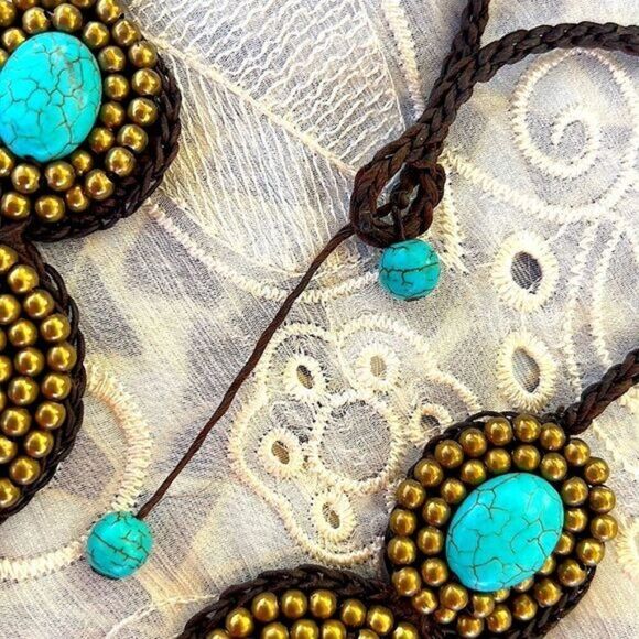 Turquoise Gold & Brown Medallion Handcrafted Crochet Necklace 22" 24" - Picture 4 of 13